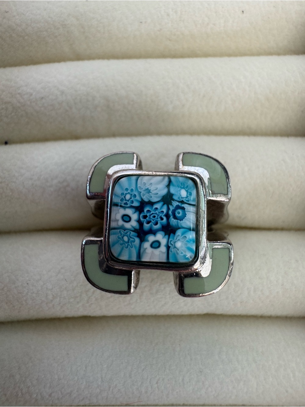 Alan K Murano Millefiori Blue Floral Inlay Silver-Tone Ring with Mint Accents